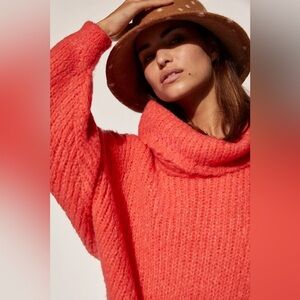 Anthro Pilcro Zamora chunky bright coral cowl neck oversized wool sweater XS​